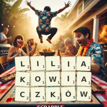 Kreatywna ilustracja do gry w Scrabble ze słowem LILIAKOWIACZKÓW ułożonym z płytek na planszy.