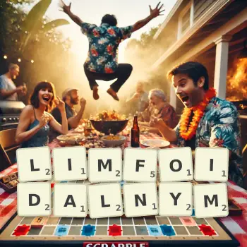 Kreatywna ilustracja do gry w Scrabble ze słowem LIMFOIDALNYM ułożonym z płytek na planszy.