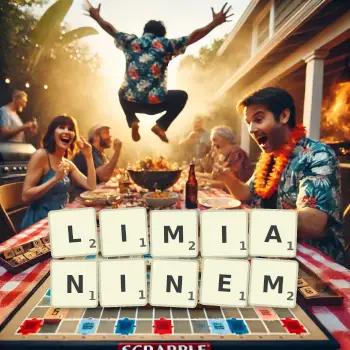 Kreatywna ilustracja do gry w Scrabble ze słowem LIMIANINEM ułożonym z płytek na planszy.