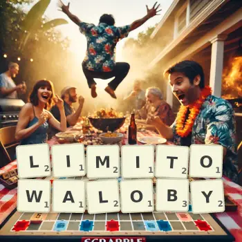 Kreatywna ilustracja do gry w Scrabble ze słowem LIMITOWALOBY ułożonym z płytek na planszy.