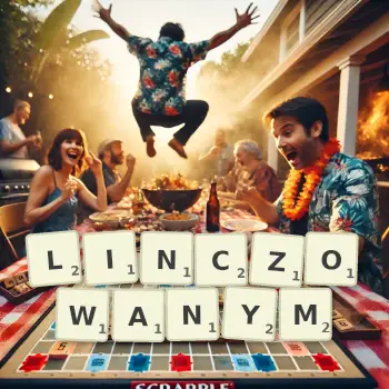Kreatywna ilustracja do gry w Scrabble ze słowem LINCZOWANYM ułożonym z płytek na planszy.