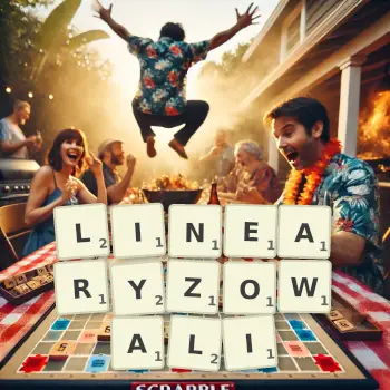 Kreatywna ilustracja do gry w Scrabble ze słowem LINEARYZOWALI ułożonym z płytek na planszy.
