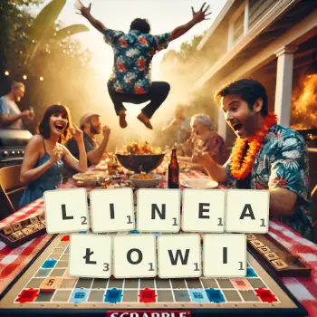 Kreatywna ilustracja do gry w Scrabble ze słowem LINEAŁOWI ułożonym z płytek na planszy.