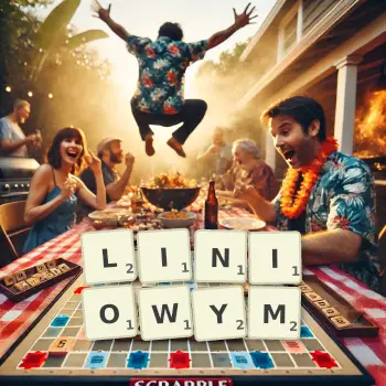 Kreatywna ilustracja do gry w Scrabble ze słowem LINIOWYM ułożonym z płytek na planszy.