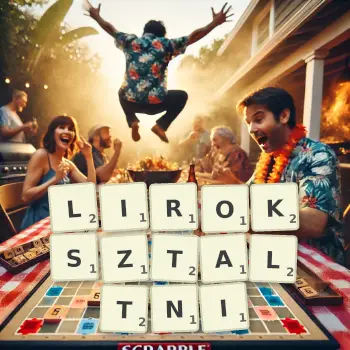 Kreatywna ilustracja do gry w Scrabble ze słowem LIROKSZTALTNI ułożonym z płytek na planszy.