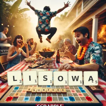 Kreatywna ilustracja do gry w Scrabble ze słowem LISOWĄ ułożonym z płytek na planszy.