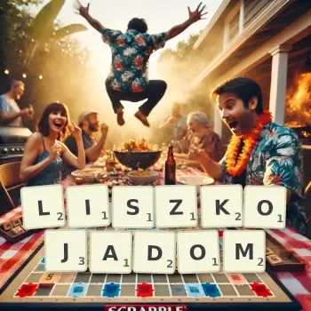 Kreatywna ilustracja do gry w Scrabble ze słowem LISZKOJADOM ułożonym z płytek na planszy.
