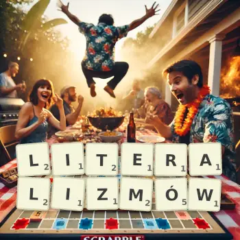 Kreatywna ilustracja do gry w Scrabble ze słowem LITERALIZMÓW ułożonym z płytek na planszy.