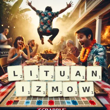 Kreatywna ilustracja do gry w Scrabble ze słowem LITUANIZMOW ułożonym z płytek na planszy.