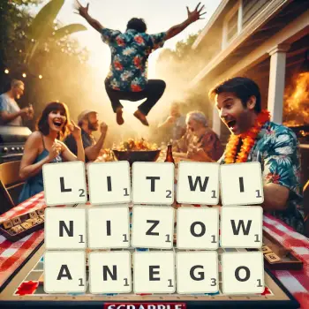 Kreatywna ilustracja do gry w Scrabble ze słowem LITWINIZOWANEGO ułożonym z płytek na planszy.