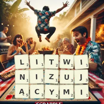 Kreatywna ilustracja do gry w Scrabble ze słowem LITWINIZUJĄCYMI ułożonym z płytek na planszy.