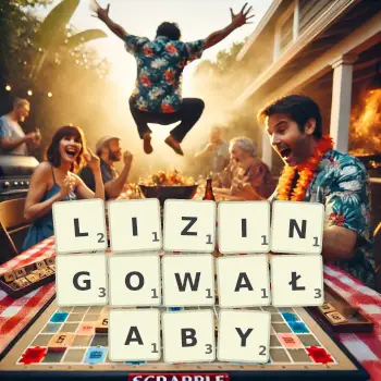 Kreatywna ilustracja do gry w Scrabble ze słowem LIZINGOWAŁABY ułożonym z płytek na planszy.