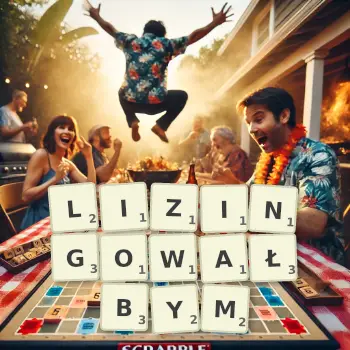 Kreatywna ilustracja do gry w Scrabble ze słowem LIZINGOWAŁBYM ułożonym z płytek na planszy.
