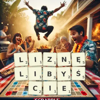 Kreatywna ilustracja do gry w Scrabble ze słowem LIZNĘLIBYŚCIE ułożonym z płytek na planszy.
