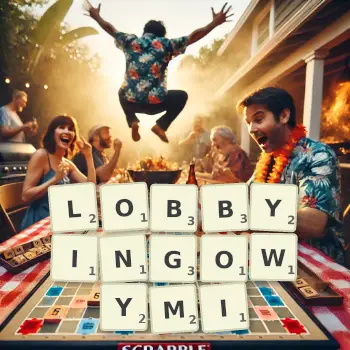 Kreatywna ilustracja do gry w Scrabble ze słowem LOBBYINGOWYMI ułożonym z płytek na planszy.