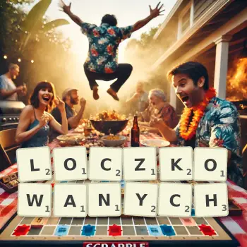 Kreatywna ilustracja do gry w Scrabble ze słowem LOCZKOWANYCH ułożonym z płytek na planszy.