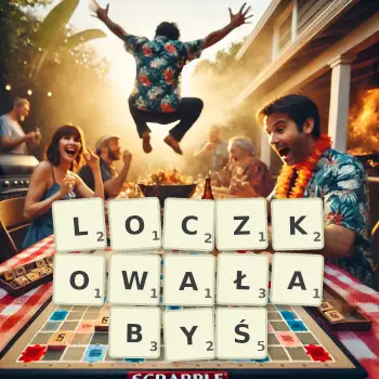Kreatywna ilustracja do gry w Scrabble ze słowem LOCZKOWAŁABYŚ ułożonym z płytek na planszy.