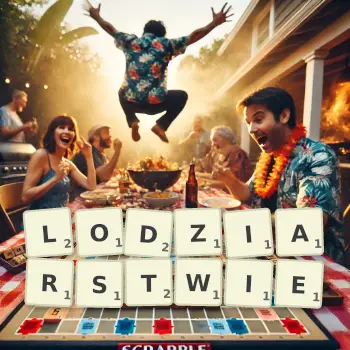 Kreatywna ilustracja do gry w Scrabble ze słowem LODZIARSTWIE ułożonym z płytek na planszy.