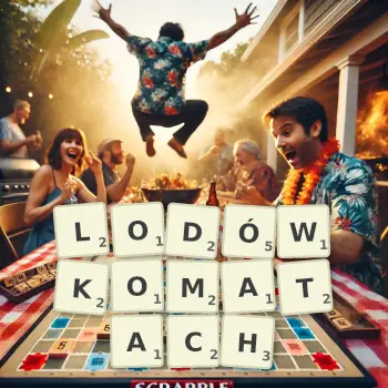 Kreatywna ilustracja do gry w Scrabble ze słowem LODÓWKOMATACH ułożonym z płytek na planszy.