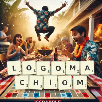 Kreatywna ilustracja do gry w Scrabble ze słowem LOGOMACHIOM ułożonym z płytek na planszy.