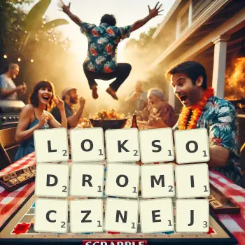 Kreatywna ilustracja do gry w Scrabble ze słowem LOKSODROMICZNEJ ułożonym z płytek na planszy.