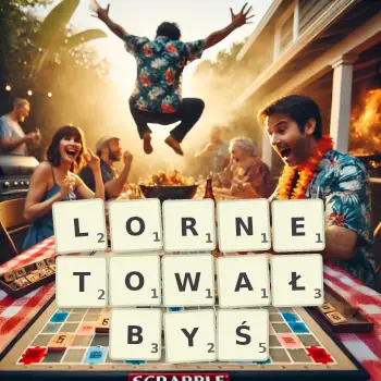 Kreatywna ilustracja do gry w Scrabble ze słowem LORNETOWAŁBYŚ ułożonym z płytek na planszy.