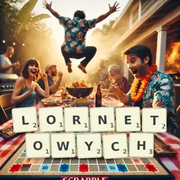 Kreatywna ilustracja do gry w Scrabble ze słowem LORNETOWYCH ułożonym z płytek na planszy.