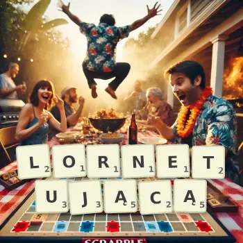 Kreatywna ilustracja do gry w Scrabble ze słowem LORNETUJĄCĄ ułożonym z płytek na planszy.
