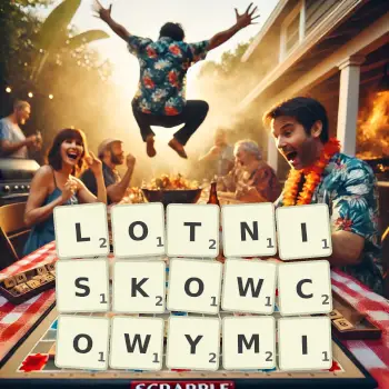 Kreatywna ilustracja do gry w Scrabble ze słowem LOTNISKOWCOWYMI ułożonym z płytek na planszy.