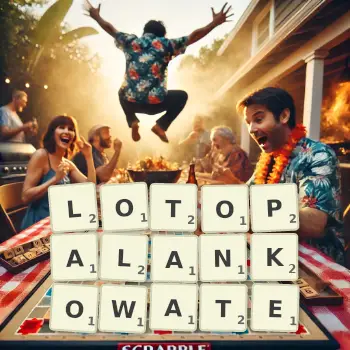 Kreatywna ilustracja do gry w Scrabble ze słowem LOTOPALANKOWATE ułożonym z płytek na planszy.