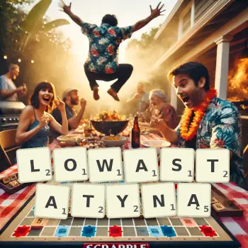 Kreatywna ilustracja do gry w Scrabble ze słowem LOWASTATYNĄ ułożonym z płytek na planszy.