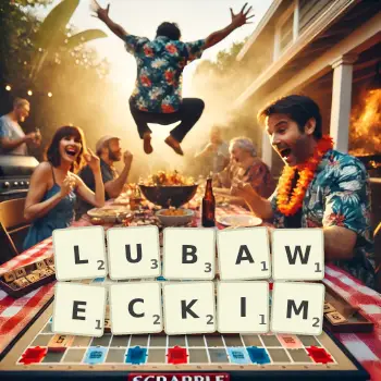 Kreatywna ilustracja do gry w Scrabble ze słowem LUBAWECKIM ułożonym z płytek na planszy.