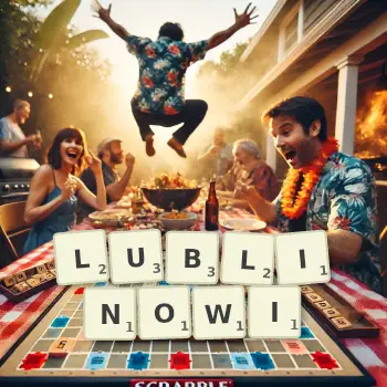 Kreatywna ilustracja do gry w Scrabble ze słowem LUBLINOWI ułożonym z płytek na planszy.