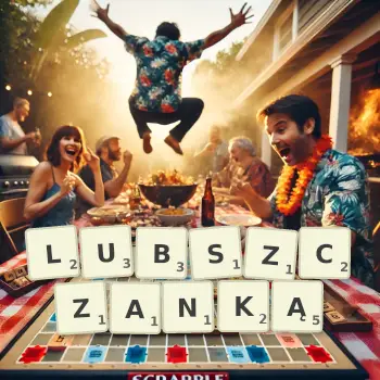 Kreatywna ilustracja do gry w Scrabble ze słowem LUBSZCZANKĄ ułożonym z płytek na planszy.