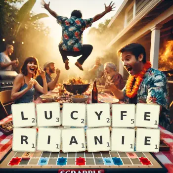 Kreatywna ilustracja do gry w Scrabble ze słowem LUCYFERIANIE ułożonym z płytek na planszy.