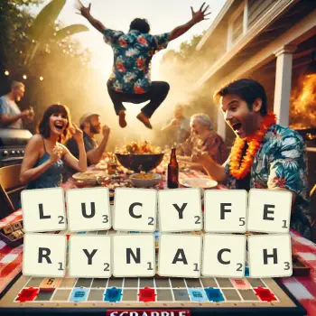Kreatywna ilustracja do gry w Scrabble ze słowem LUCYFERYNACH ułożonym z płytek na planszy.