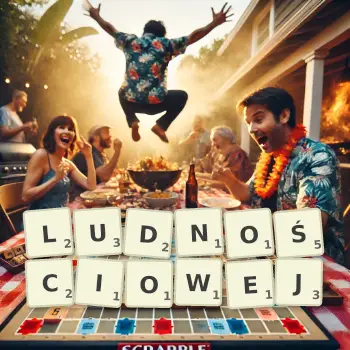 Kreatywna ilustracja do gry w Scrabble ze słowem LUDNOŚCIOWEJ ułożonym z płytek na planszy.