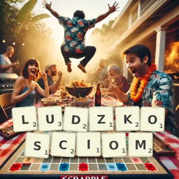 Kreatywna ilustracja do gry w Scrabble ze słowem LUDZKOSCIOM ułożonym z płytek na planszy.