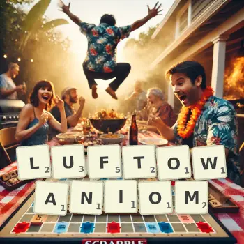 Kreatywna ilustracja do gry w Scrabble ze słowem LUFTOWANIOM ułożonym z płytek na planszy.