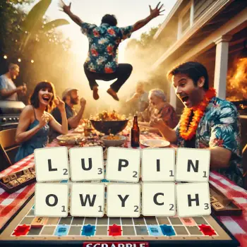 Kreatywna ilustracja do gry w Scrabble ze słowem LUPINOWYCH ułożonym z płytek na planszy.