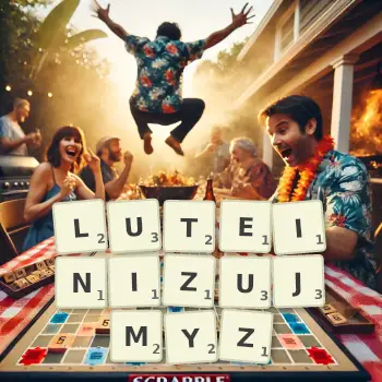 Kreatywna ilustracja do gry w Scrabble ze słowem LUTEINIZUJMYZ ułożonym z płytek na planszy.