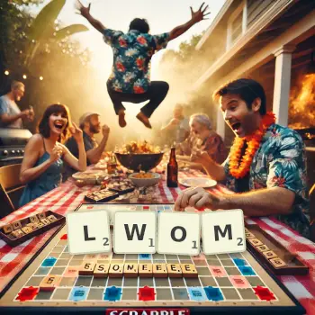 Kreatywna ilustracja do gry w Scrabble ze słowem LWOM ułożonym z płytek na planszy.