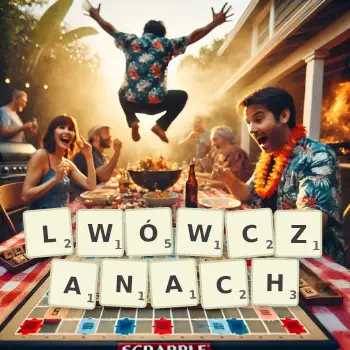 Kreatywna ilustracja do gry w Scrabble ze słowem LWÓWCZANACH ułożonym z płytek na planszy.