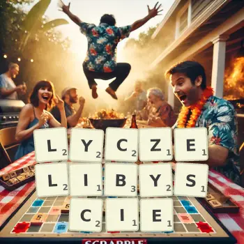 Kreatywna ilustracja do gry w Scrabble ze słowem LYCZELIBYSCIE ułożonym z płytek na planszy.