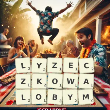 Kreatywna ilustracja do gry w Scrabble ze słowem LYZECZKOWALOBYM ułożonym z płytek na planszy.