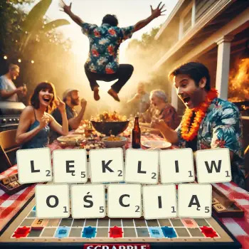 Kreatywna ilustracja do gry w Scrabble ze słowem LĘKLIWOŚCIĄ ułożonym z płytek na planszy.