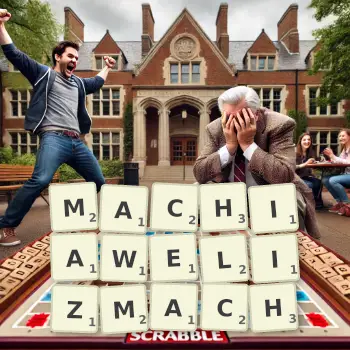 Kreatywna ilustracja do gry w Scrabble ze słowem MACHIAWELIZMACH ułożonym z płytek na planszy.