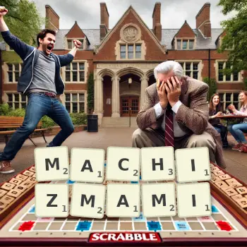 Kreatywna ilustracja do gry w Scrabble ze słowem MACHIZMAMI ułożonym z płytek na planszy.
