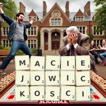 Kreatywna ilustracja do gry w Scrabble ze słowem MACIEJOWICKOSCI ułożonym z płytek na planszy.