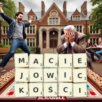 Kreatywna ilustracja do gry w Scrabble ze słowem MACIEJOWICKOŚCI ułożonym z płytek na planszy.